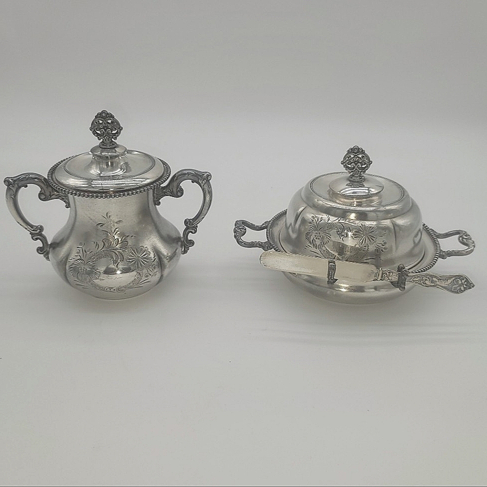 Homan Silver Plate Co. Quadruple Plate Butter Dish with knife and Sugar Bowl